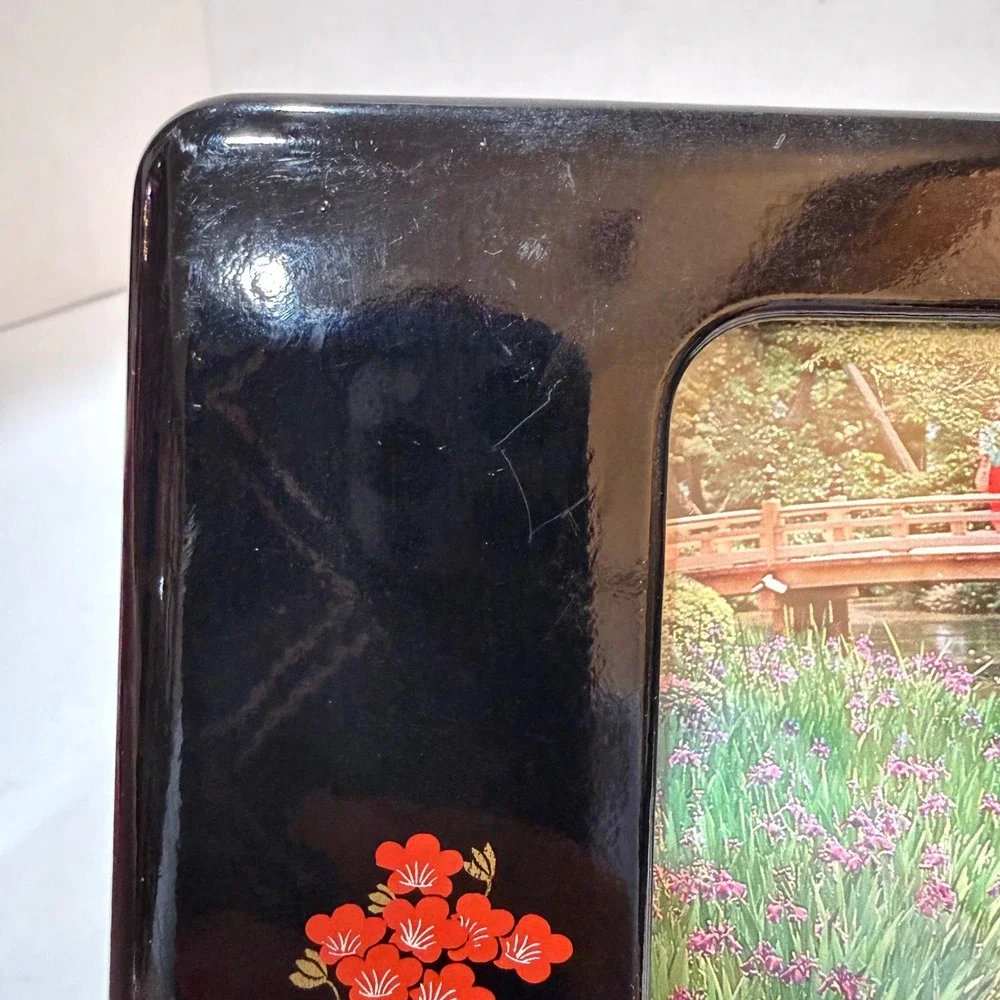 Vintage Made in Japan Black Lacquer Cherry Blossom Picture Frame Sakura Oriental